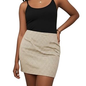 Theory Tan and Black Windowpane Pencil Mini Skirt